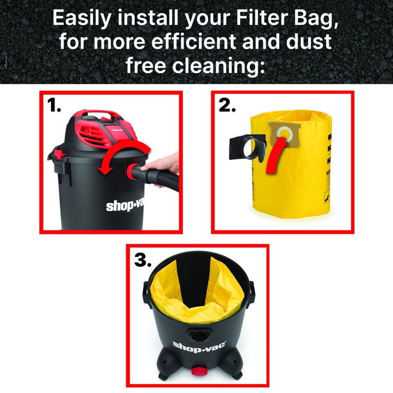 SHOPVAC أكياس فلتر مكنسة كهربائية قابلة للتخلص عالية الكفاءة من شوب-فاك 9067133، تناسب خزانات سعة 5-8 جالون، تحسين الترشيح والتحكم في الغبار، (عبوة 2)  - Image 3